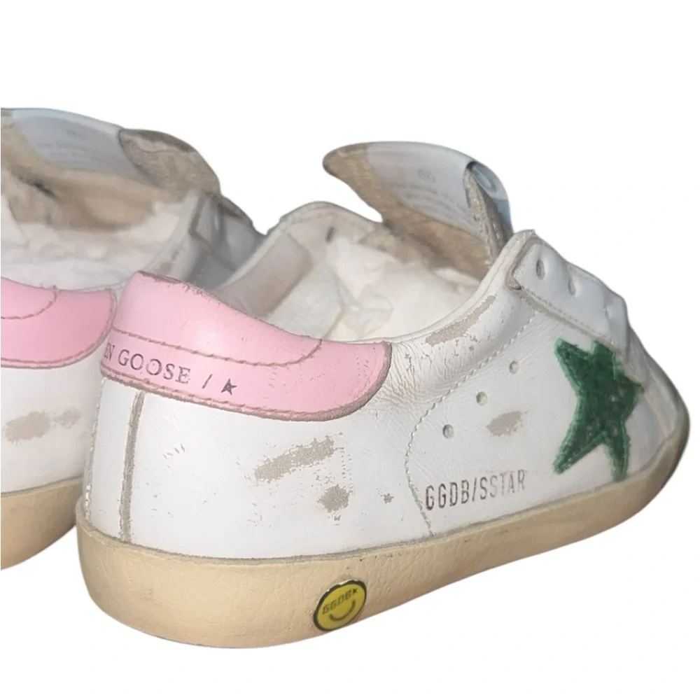 Authentic Golden Goose Superstar Girls White Green‎ Glitter Sneakers Size 13.5